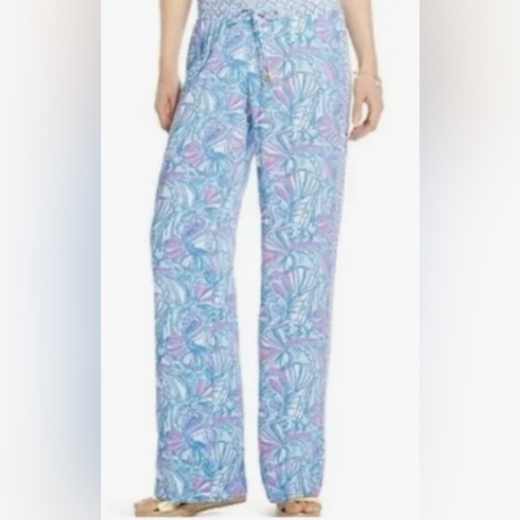 Lilly Pulitzer x Target Rayon Palazzo Wide Leg Pants Blue Pink My Fans Pull On M - Picture 3 of 9